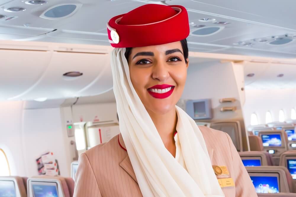 Smiling flight attendant wearing a red hat inside an airplane cabin.