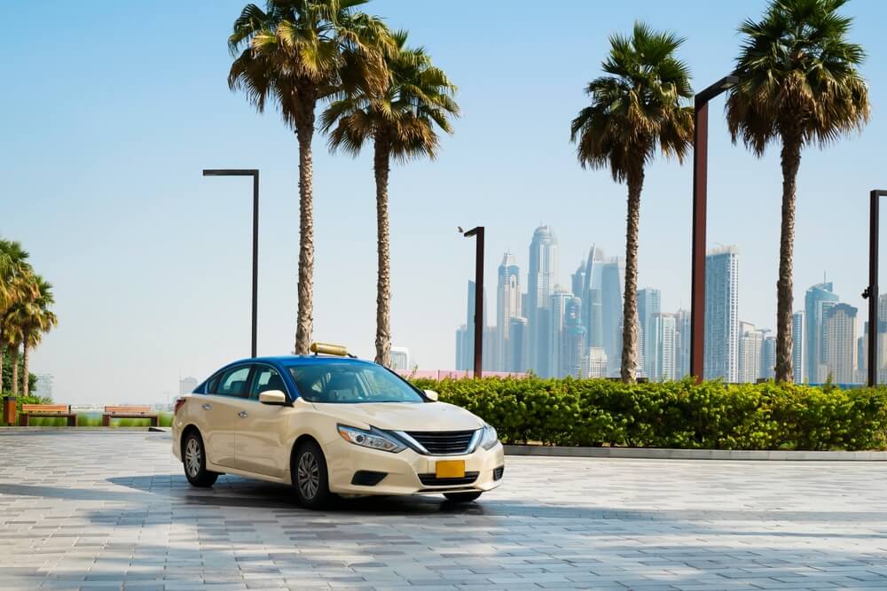 Taxi car parked near palm trees with Dubai skyline in the background.