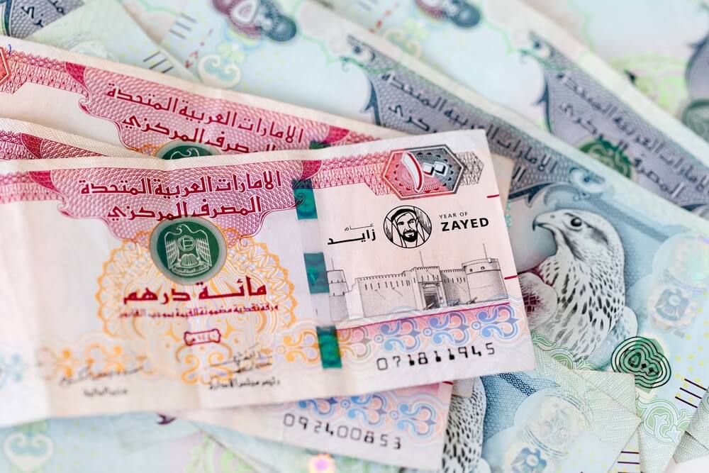 Closeup of United Arab Emirates currency notes with intricate designs.